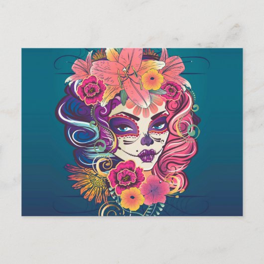 Suikerschedelvrouw in bloemkroon briefkaart (Voorkant)