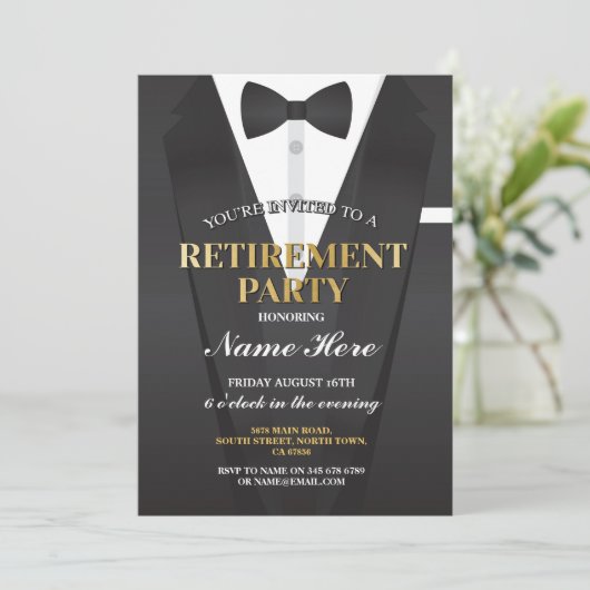 Suit Tuxedo Retirement Party Bowtie Uitnodiging (Staand voorkant)