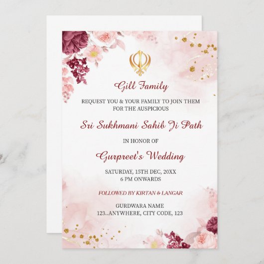 Sukhmani Sahib Path Invitation, carte de Mariage s (Devant / Derrière)