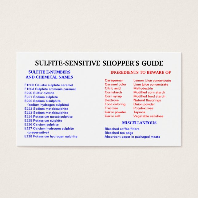 Sulfiet-Free Shopper's Guide Visitekaartje (Voorkant)