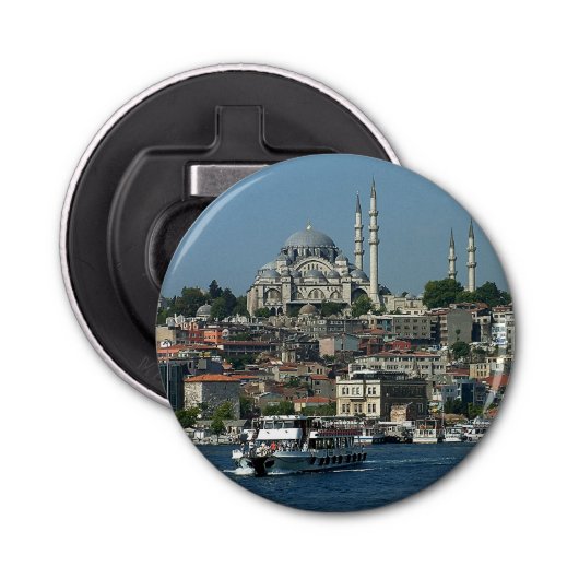 Sultan Ahmed & Istanbul panorama, Turkije / partij Button Flesopener (Voorkant)
