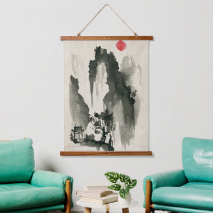 Sumi-e bergen met klooster en monnik hangend wandkleed