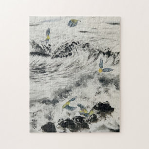 Sumi e Ocean puzzle met groene vogels Legpuzzel