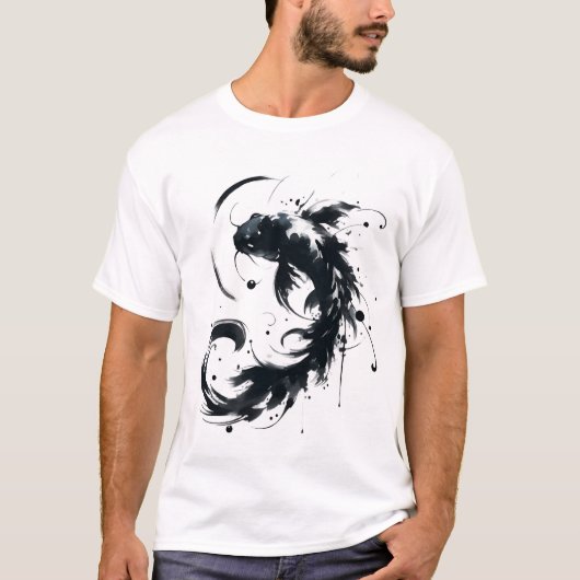 Sumie Brushstroke Karasu Black Koi Fish T-shirt (Devant)
