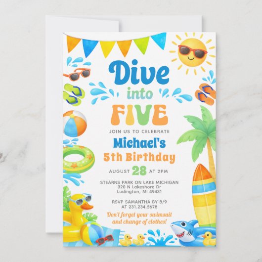 Summer 5th Birthday Invitation - Dive into Five (Devant)