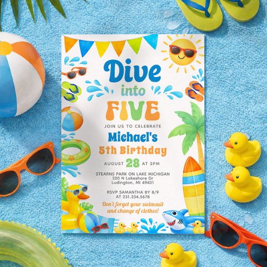 Summer 5th Birthday Invitation - Dive into Five Kaart