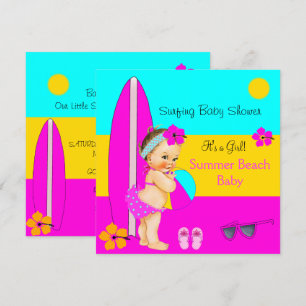 Summer Baby shower Girl Beach Surfing Brunette Kaart