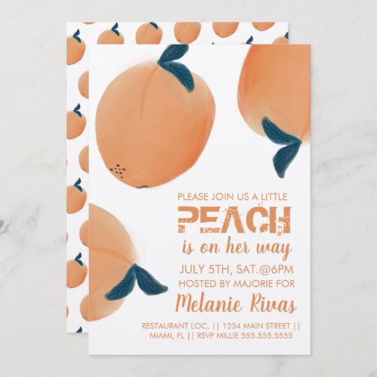 Summer Baby shower Peach Fruit Invitation Kaart (Voorkant / Achterkant)