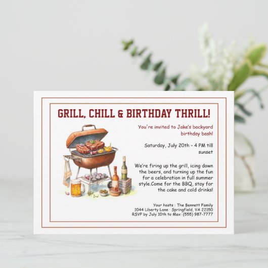Summer BBQ Birthday Invitation with Beer Backyard (Debout devant)