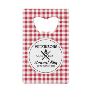 Summer BBQ Grill Cookout Reunion Red Gingham Check Kredietkaart Flessenopener