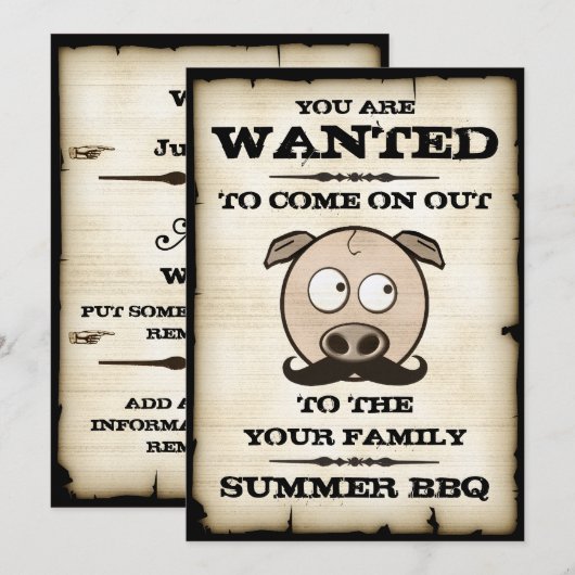 Summer BBQ Mustache Pig Gezochte Uitnodigingen (Voorkant / Achterkant)