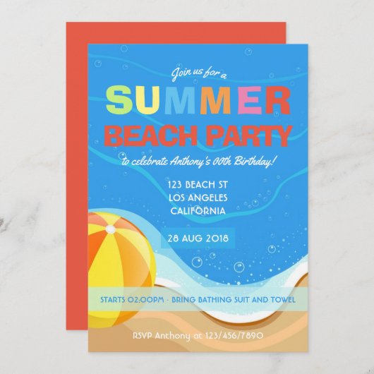 Summer Beach Anniversaire Fête Invitation (Devant / Derrière)