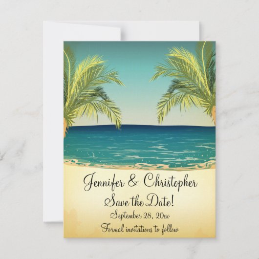Summer Beach en Palm Trees Wedding Save the Date (Voorkant)