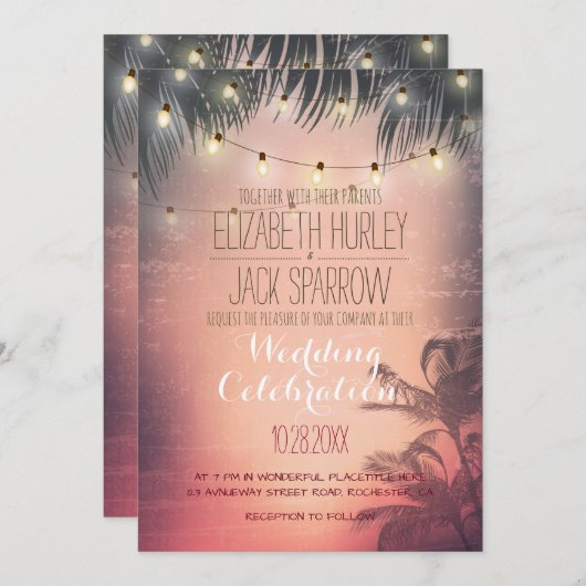 Summer Beach et Mariage String Lights Invitations (Devant / Derrière)