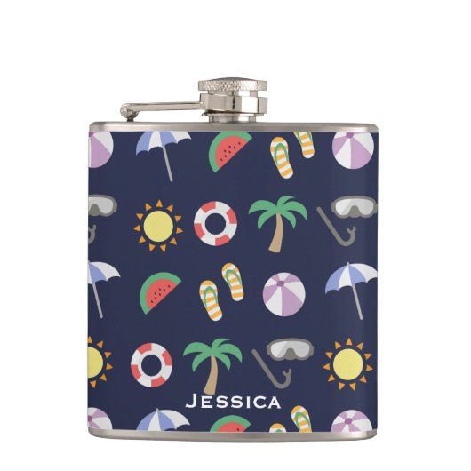 Summer Beach Holiday Blue Pattern - Gepersonalisee Heupfles (Voorkant)