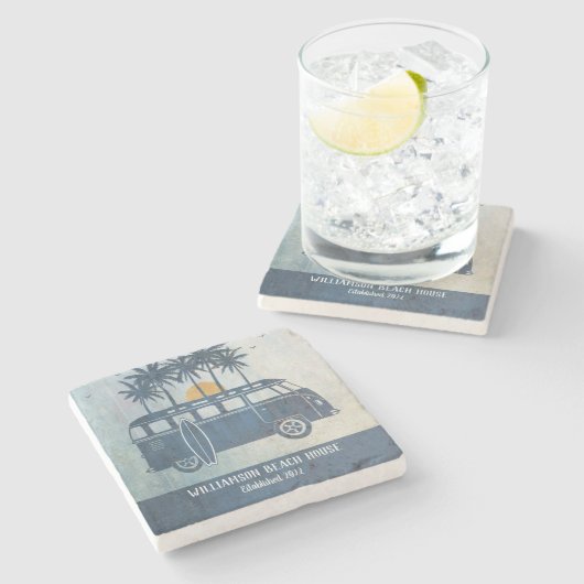 Summer Beach House Retro Surf Van Monogrammed Stenen Onderzetter (Zijkant)