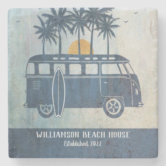 Summer Beach House Retro Surf Van Monogrammed Stenen Onderzetter (Voorkant)