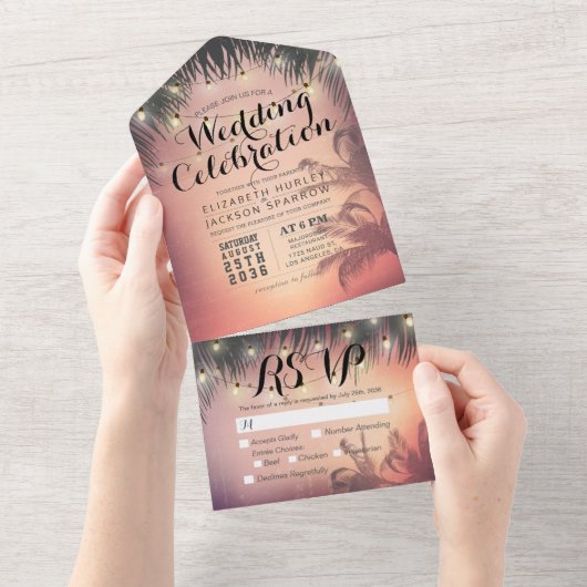 Summer Beach Palm Tree String Lights Wedding RSVP All In One Uitnodiging (Afscheurbaar)