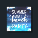 Summer Beach Party | Impression du canevas d'aquar<br><div class="desc">Obtenez votre imprimé de toile spécial avec aquarelle bleu profond pinceau arrière - plan et script décoratif personnalisé "fête de plage d'été"</div>