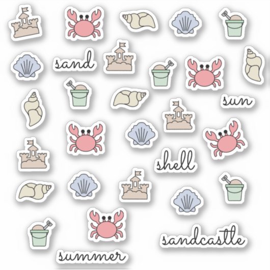 Summer Beach Shell Crab Sandcastle Pail Words Sticker (Voorkant)