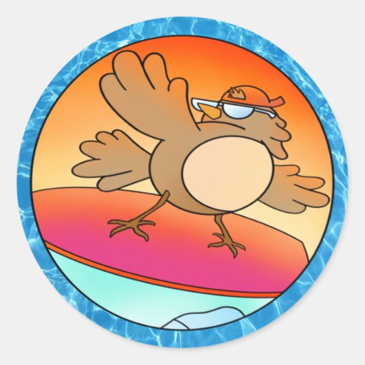 Summer Bird Surfer Ronde Sticker (Voorkant)