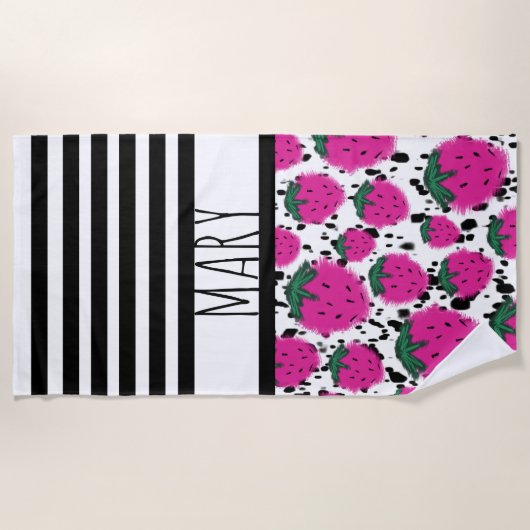 Summer Black Stripes aardbeien Abstract Strandlaken (Voorkant)