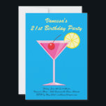 Summer Blue 21st Birthday Party Invitation<br><div class="desc">Cette invitation colorée à la fête d'anniversaire est agrémentée d'un cocktail rose amusant sur un arrière - plan bleu vif, ce qui en fait un endroit parfait pour la fête d'anniversaire d'été, tropicale, luau ou au bord de la piscine. Il est facile de customiser avec vos propres détails et votre...</div>
