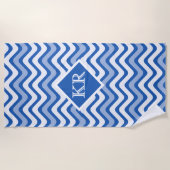 Summer Blue Chevron Zig Zag Stripe Monogram Strandlaken (Voorkant)
