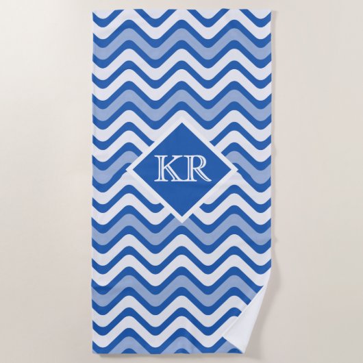 Summer Blue Chevron Zig Zag Stripe Monogram Strandlaken (Voorkant)