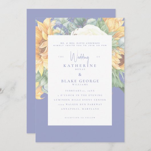 Summer Blue Elegant Sunflower Tuscan Wedding Kaart (Voorkant / Achterkant)