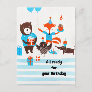 Summer Blue Forest Woodland Animals Waterverf Briefkaart