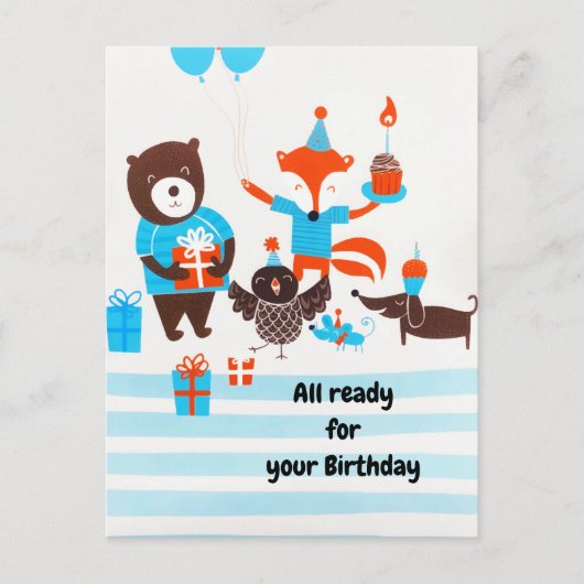 Summer Blue Forest Woodland Animals Waterverf Briefkaart (Voorkant)