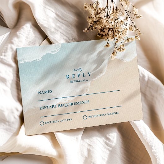 Summer Blue Ocean Beach Wedding RSVP Kaartje