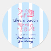 Summer Blue Stripe Beach Life Verjaardagsfeest Ronde Sticker (Voorkant)