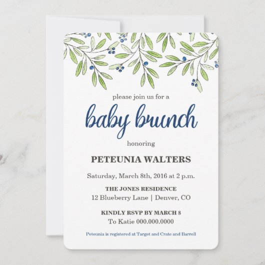 Summer Blueberry Foliage Baby Brunch Invitation Kaart (Voorkant)