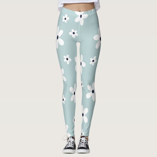 Summer Boho Blue White Daisy Flowers Leggings (Voorkant)