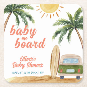 Summer Boho Surf Beach Van Baby shower Vierkante Kartonnen Onderzetter