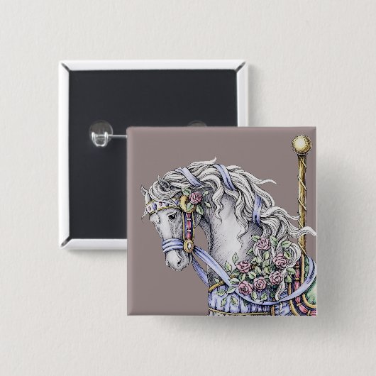 Summer Carousel Horse Drawing Square Button (Voorkant /achterkant)