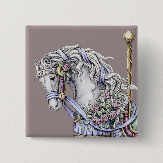 Summer Carousel Horse Drawing Square Button (Voorkant)