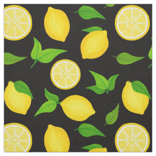Summer Citrus Yellow Lemons green Leaves on Black Stof