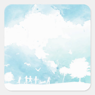 Summer Clouds Blue Sky Kinderen die Waterverf spel Vierkante Sticker