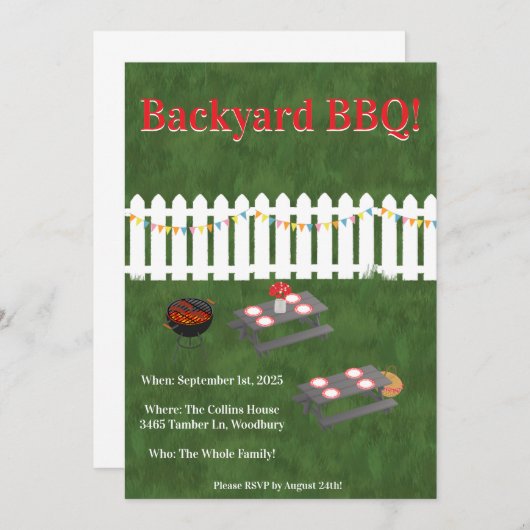Summer Cookout Backyard BBQ Party Invite Kaart (Voorkant / Achterkant)