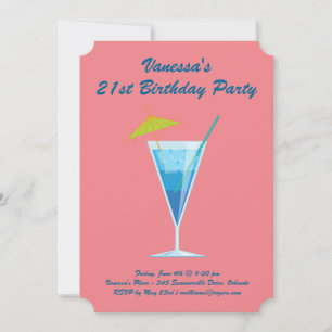 Summer Coral & Blue 21st Birthday Party Invitation Kaart