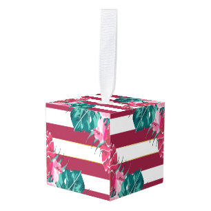 Summer Exotic burgundy Flowers strips Kubus Ornament