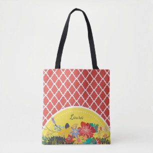 Summer Fiesta Red Floral Quatrefoil met naam Tote Bag