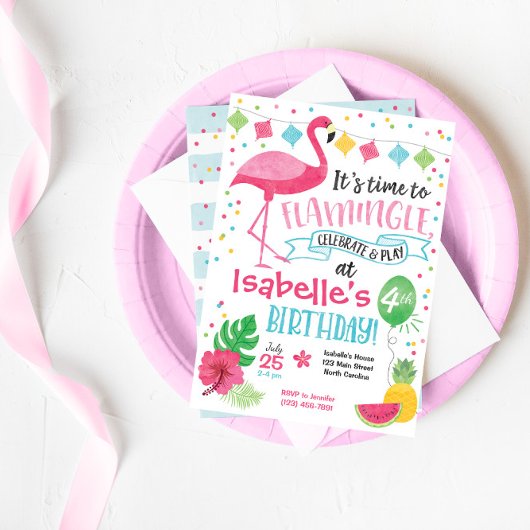 Summer Flamingo Birthday Invitation, Flamingle Kaart