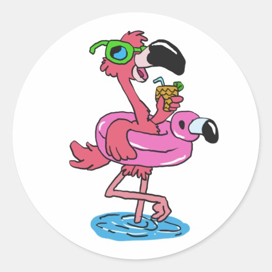 Summer Flamingo cartoon | achtergrondkleur kiezen Ronde Sticker (Voorkant)
