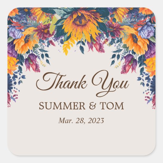 Summer Floral elegant Dank je Vierkante Sticker (Voorkant)