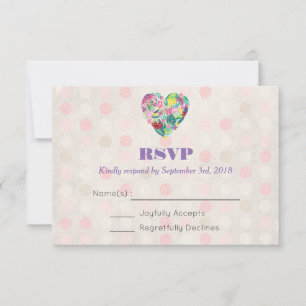 Summer Floral Heart in Pink and Green Wedding RSVP Kaartje