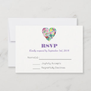 Summer Floral Heart in Pink and Green Wedding RSVP Kaartje